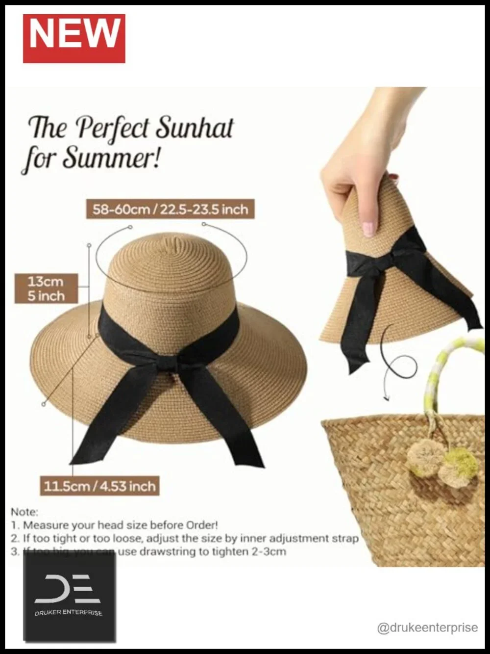 Wide Brim Straw Sun Hat with Chin Strap, Foldable UV Protection